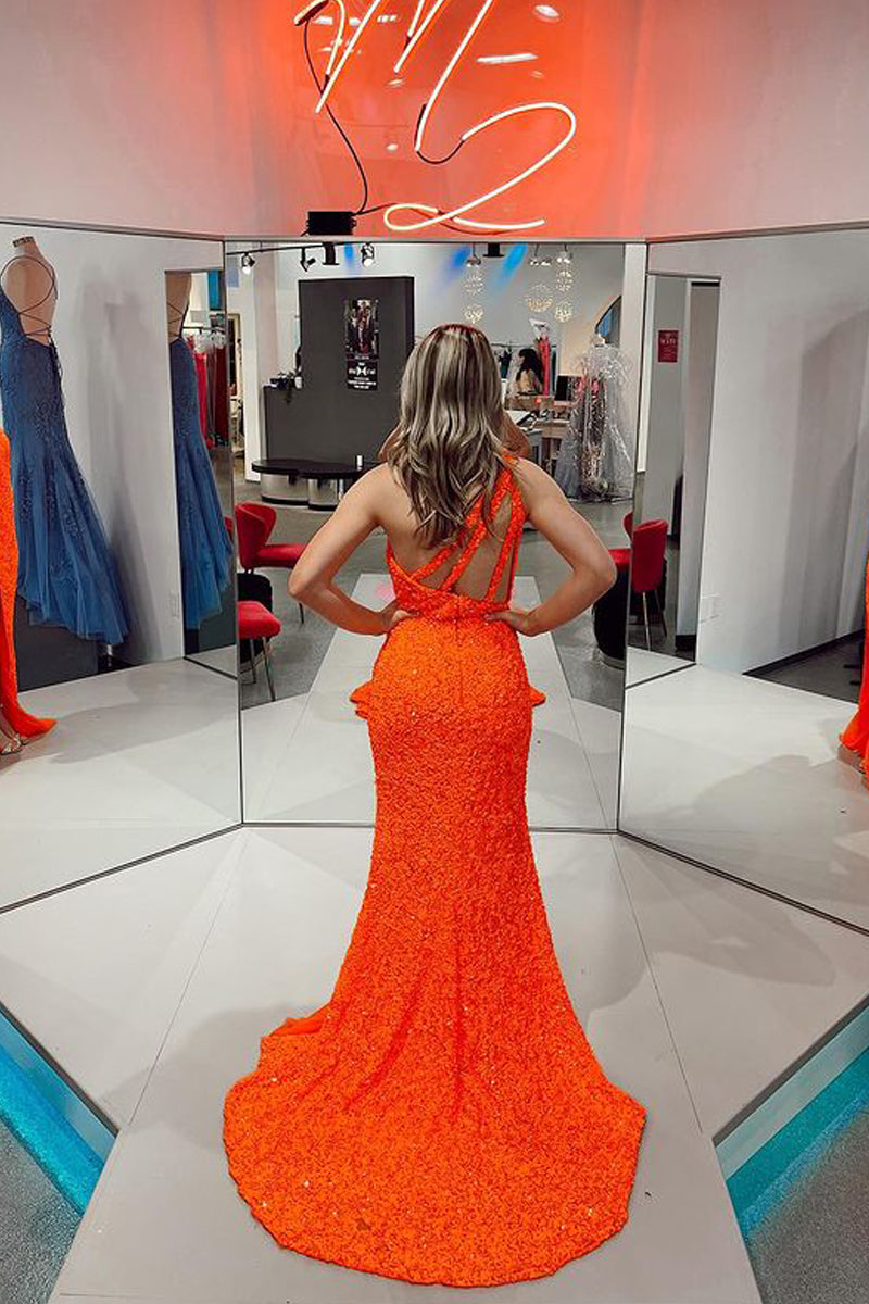 One Shoulder Orange Sequins Long Prom Dresses, Mermaid Evening Dress with Slit GP527