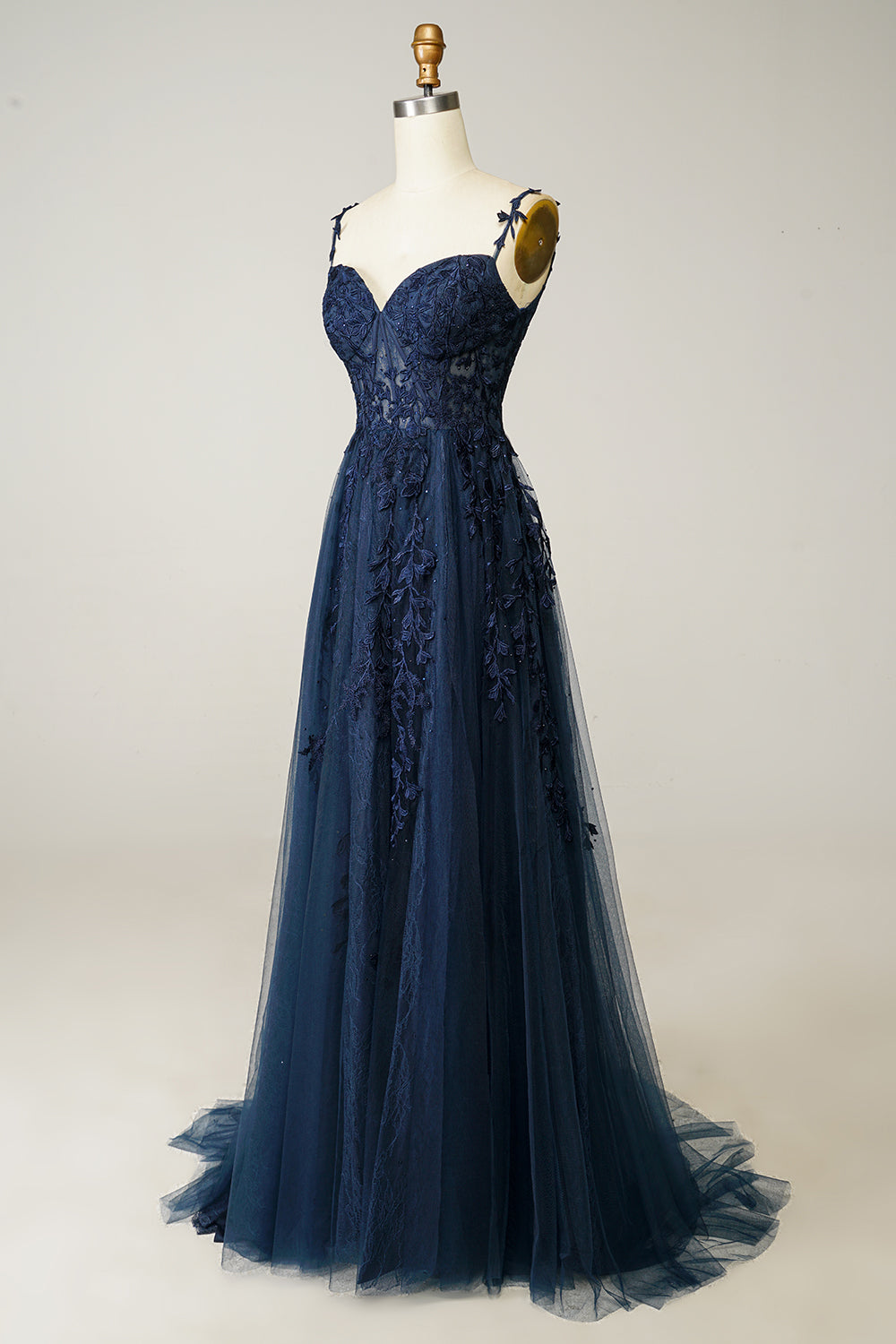 Sky Blue Lace Tulle Long Prom Dresses Off-the-Shoulder A-Line Formal Gown GP536