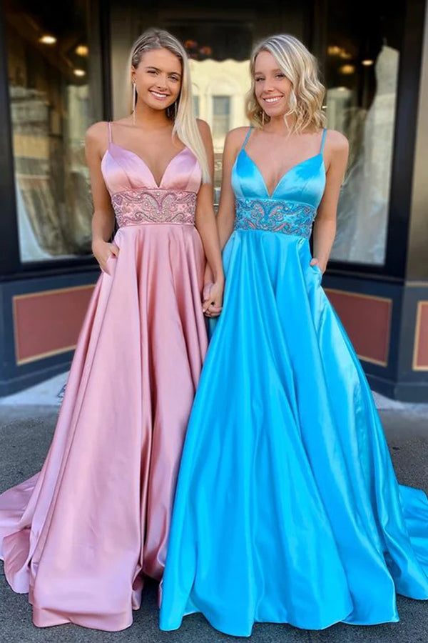 A Line Spaghetti Straps Satin Prom Dress Long Formal Dress,WP252