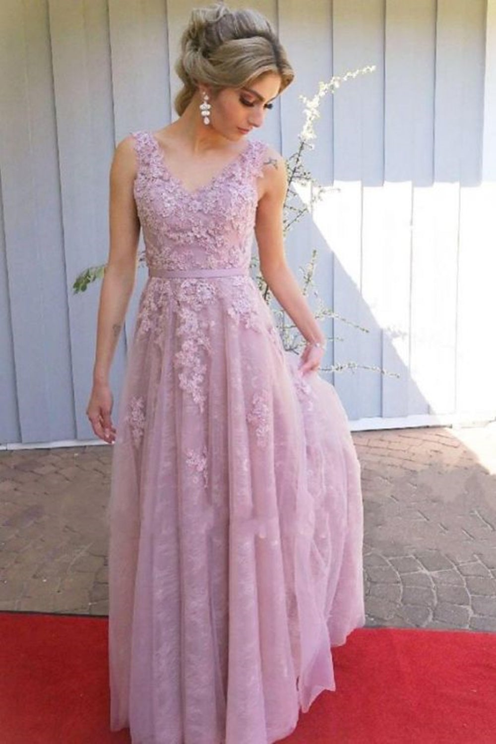 Vestido de fiesta largo de encaje rosa con escote en V y espalda abierta, vestido de noche formal de graduación para mujer
