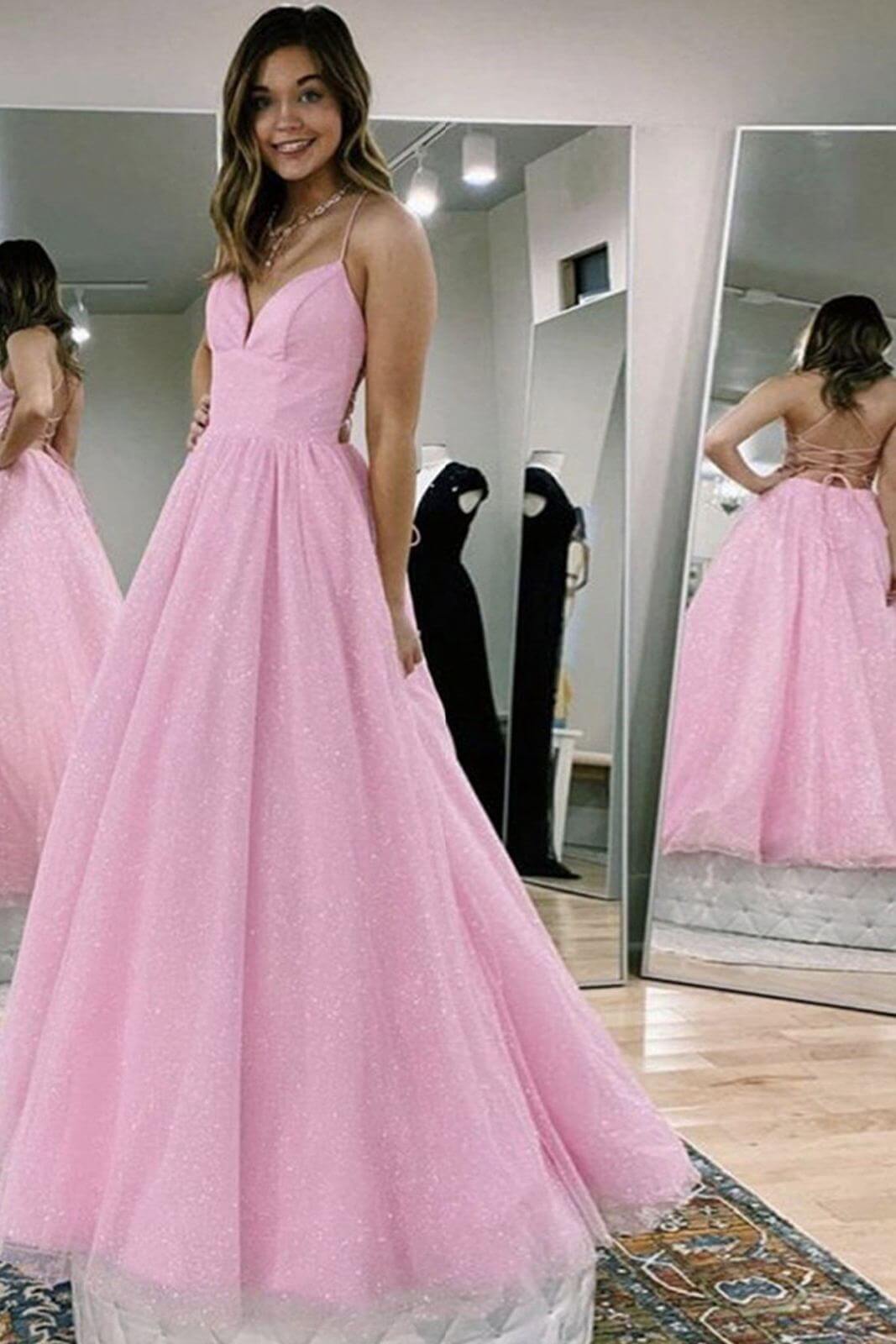 Vestidos de fiesta largos rosas de corte A, vestidos formales con espalda descubierta y escote en V.