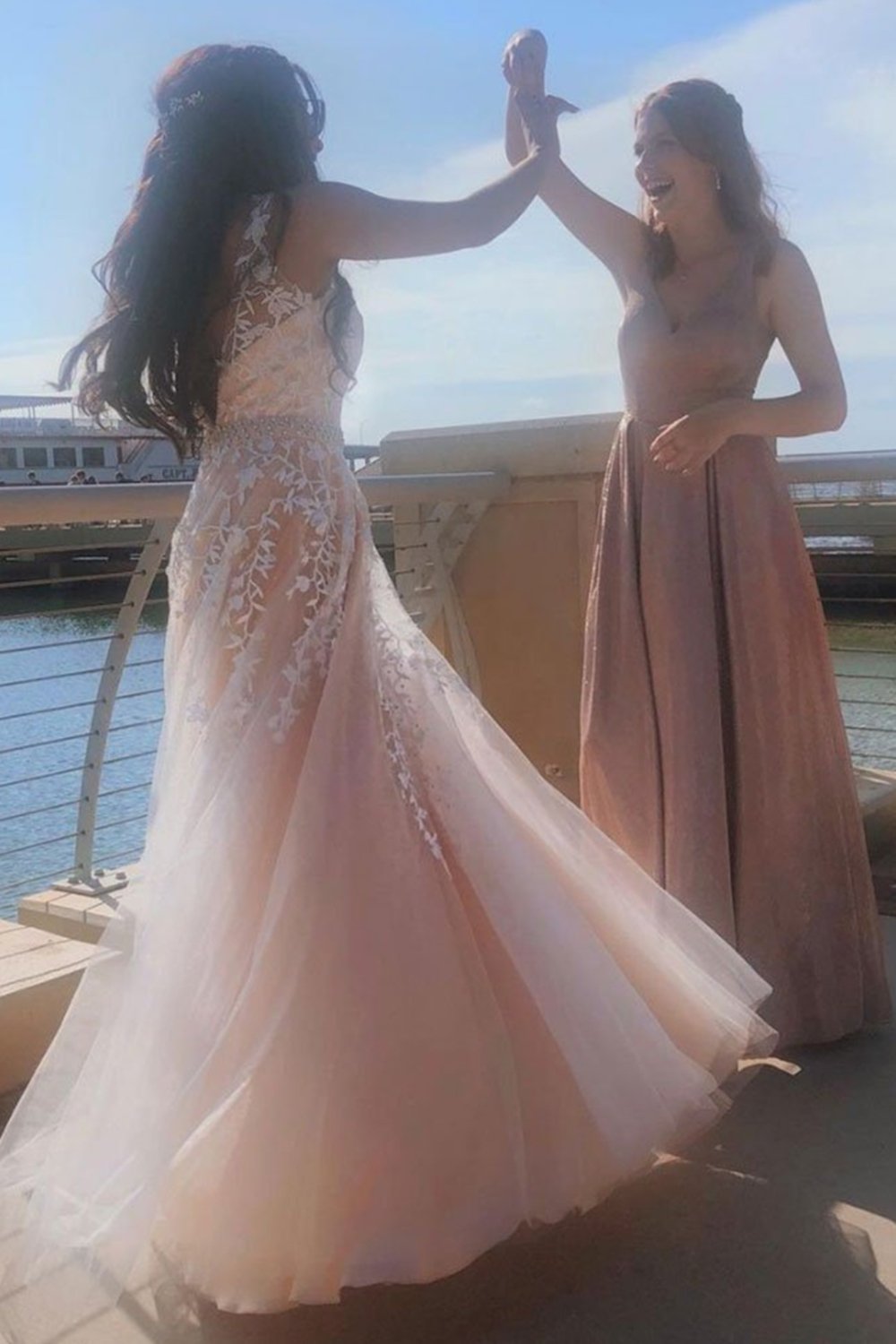 A Line V Neck Tulle Long Prom Dress V Back with Floral Appliques, GP154