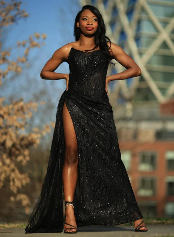 Sexy Black Mermaid Strapless Sequined High Split Long Floor Length Prom Dresses TP1687