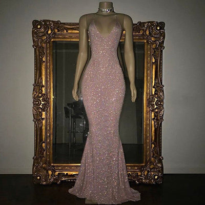 GORGEOUS SEQUINED MERMAID SPAGHETTI-STRAP LONG SLEEVESLESS PROM GOWNS SA97