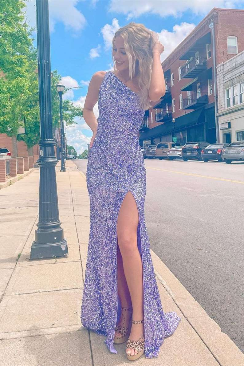 One Shoulder Sequins Mermaid Long Evening Prom Dresses Side Slit Prom Dress SH569