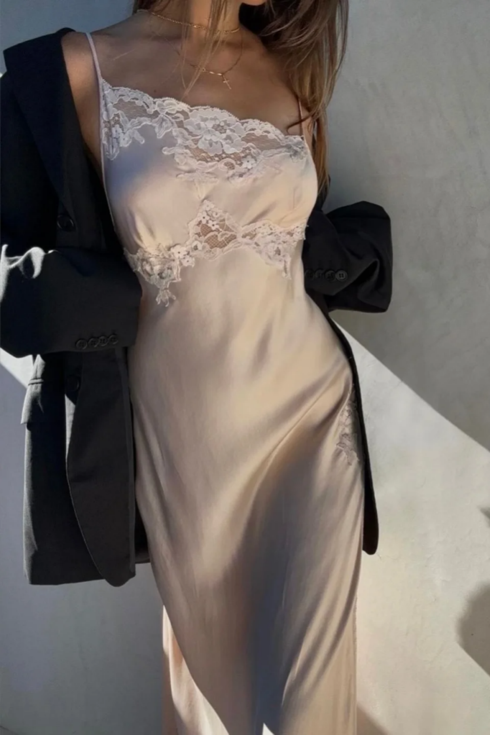 shopuniqlos--Light pink sexy elegant lace long slit prom dress party dress gh5506