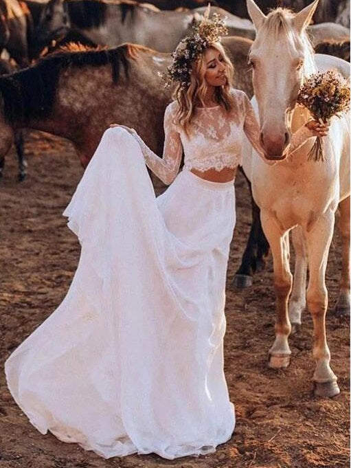 Vestido de novia informal asequible de manga larga con encaje, vestido de novia rústico de dos piezas con top corto.