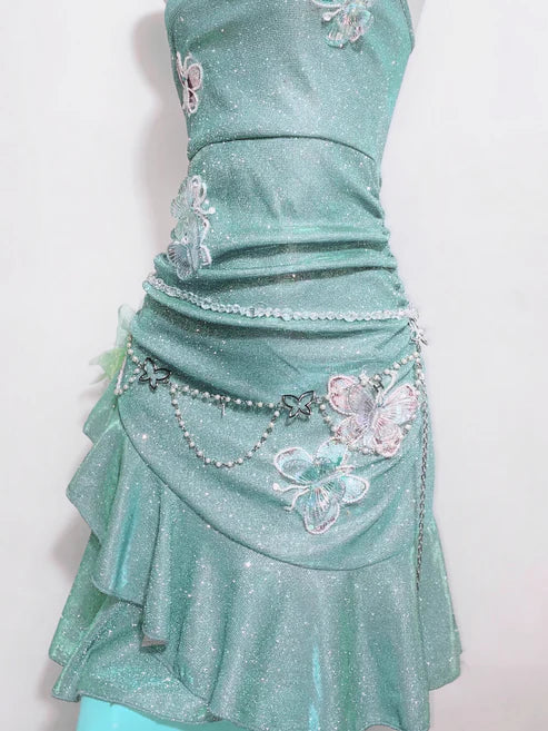 Vestido corto de fiesta para 16 cumpleaños, con tirantes finos, volantes y lentejuelas brillantes, color verde menta, TP4039