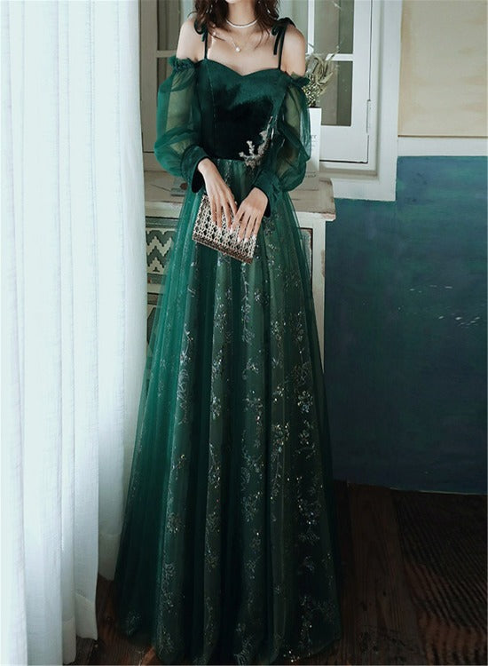Elegante vestido de fiesta de tul verde oscuro impresionante vestido de fiesta de boda