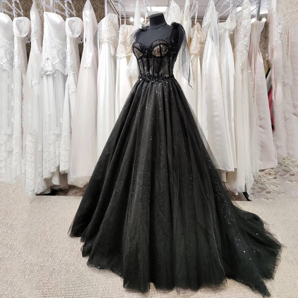 Vestido de fiesta gótico de tul negro, vestidos de noche de graduación, vestido de fiesta de corte A con purpurina, vestido maxi con corsé