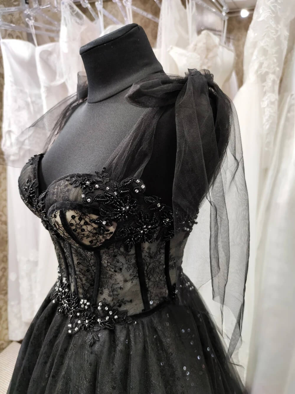 Vestido de fiesta gótico de tul negro, vestidos de noche de graduación, vestido de fiesta de corte A con purpurina, vestido maxi con corsé