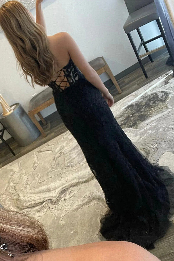 Strapless Black Lace Mermaid Prom Dresses, Evening Dresses With Split, GP412