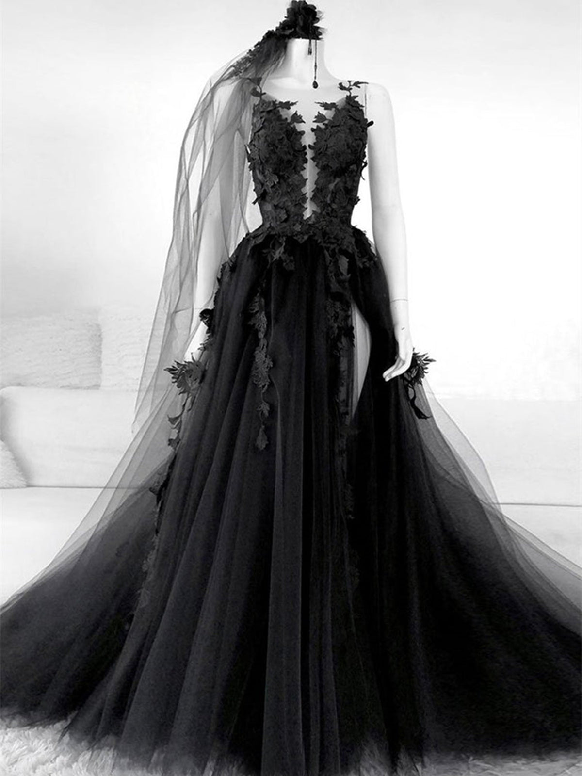 Vestidos de novia negros con escote en V y espalda descubierta de encaje, vestido de novia negro con espalda descubierta