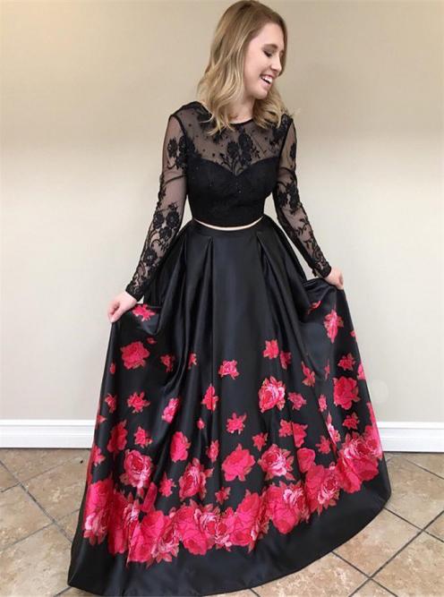 Black Lace Long Sleeves Prom Dress Two Piece With Floral Print MP724