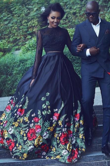 Black Two Piece Lace Long Sleeves Floral Prom Dress Keyhole Back MP898