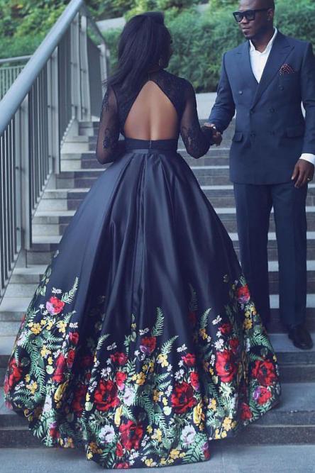 Black Two Piece Lace Long Sleeves Floral Prom Dress Keyhole Back MP898