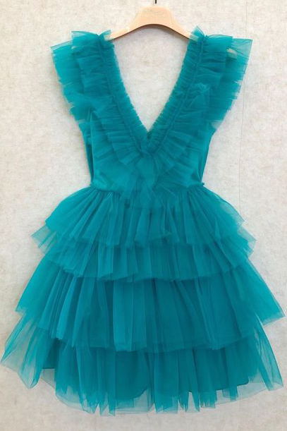 Plunging V-Neckline Tiered Black Mini Puffy Party Dress, Tulle Homecoming Dress GM517