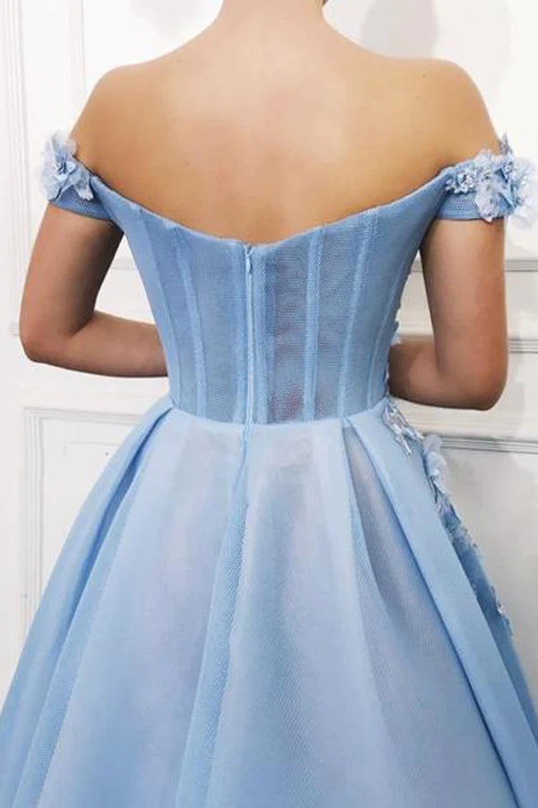 Blue Tulle Off The Shoulder 3D Floral Long Prom Dress,WP049