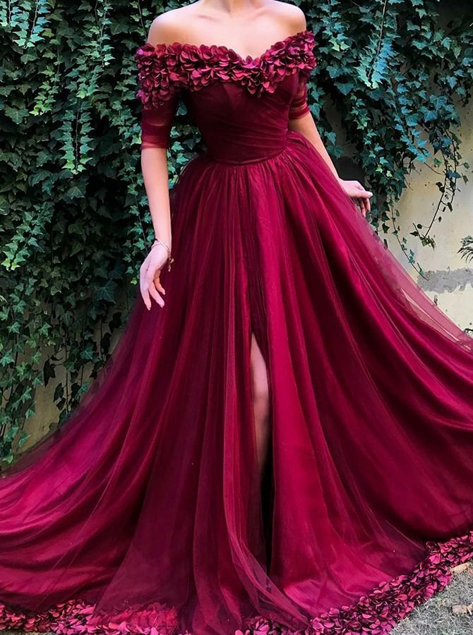 Burgundy Prom Dress Off Shoulder Half Sleeves Tulle with Appliques Dress GP09