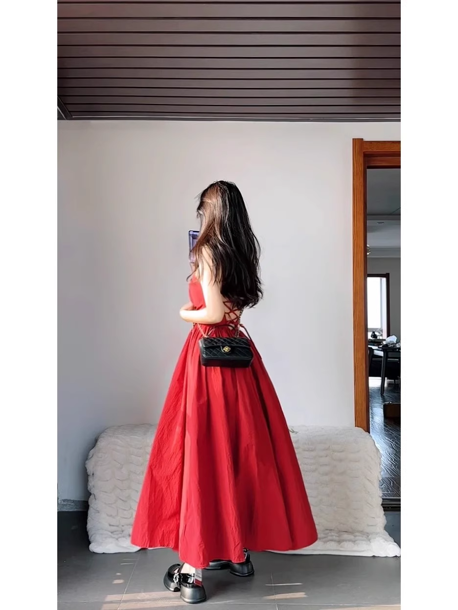 Chic A Line Spaghetti Straps Red Backless Ruffles Long Prom Dresses Birthday Outfits SD510