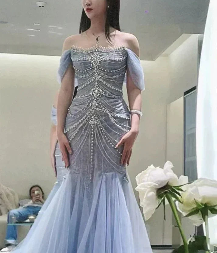 Blue gorgeous shiny beautiful off-shoulder exquisite beading long tulle mermaid slim fishtail skirt ball gown formal evening gown wedding dress gh3559