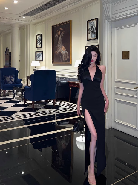 Vestido negro de sirena sexy con cuello halter y espalda descubierta para fiesta de cumpleaños número 21, ideas para vestidos de cumpleaños para mujeres (DP2315)