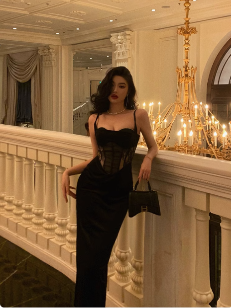 Vestido negro sexy de sirena con tirantes finos para cumpleaños número 18, ideas para vestidos de cumpleaños para mujeres (DP2321)