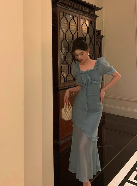 Vestido de fiesta azul de gasa con corte sirena y cuadrados, sexy, para 21 cumpleaños, atuendos de cumpleaños, ideas para vestidos de cumpleaños para mujeres, DP1881
