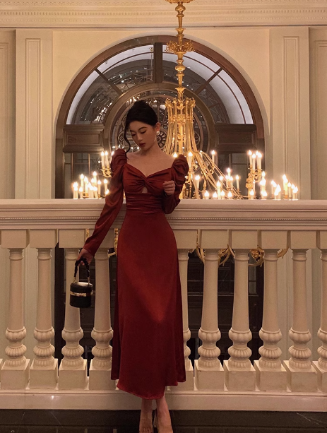 Vestido rojo sexy de corte A con mangas largas para cumpleaños número 21. Ideas de vestidos de cumpleaños para mujeres (DP1894)