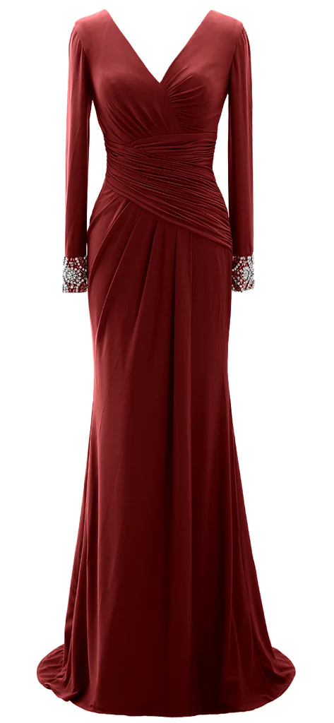 Vestidos largos de madre de la novia para mujer, vestido de noche verde gris con manga larga y cuello en V