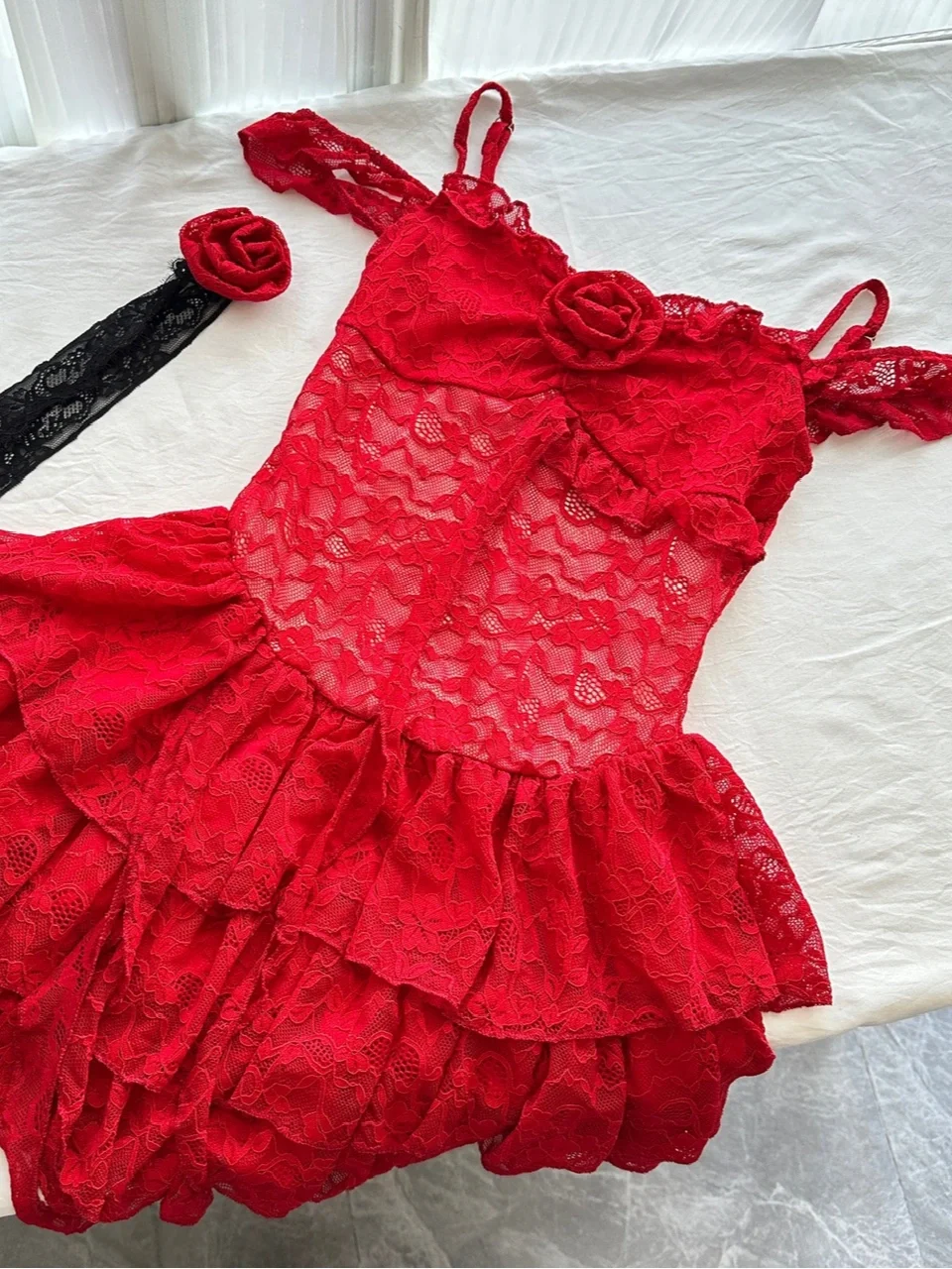 Stylish Red Lace Layered Homecoming Dress Spaghetti Strap Cocktail Dress Party Dress S322