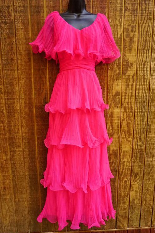 Cap Sleeves Pink Pleats Chiffon Teired Prom Dress, A-line Party Gown GP704