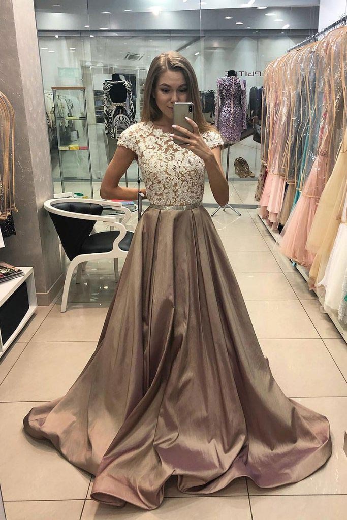 Cap Sleeves Long Prom Dress Satin Lace Appliques Formal Gown GP56