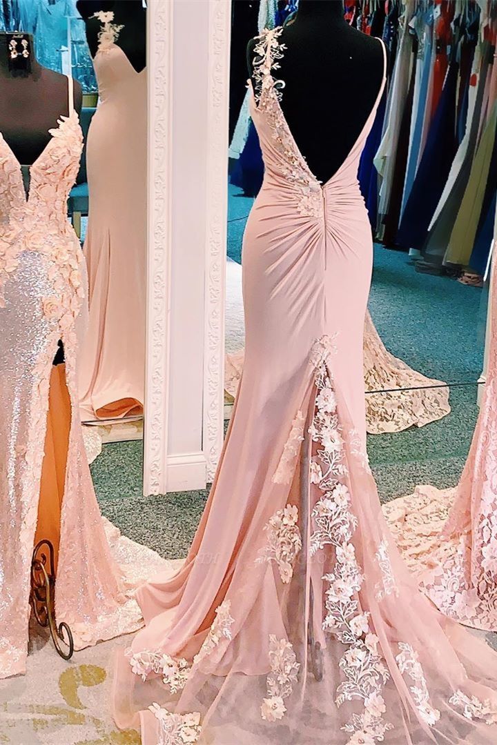 Charming Backless Long Pink Prom Dress, Mermaid Evening Gown With Split GP227