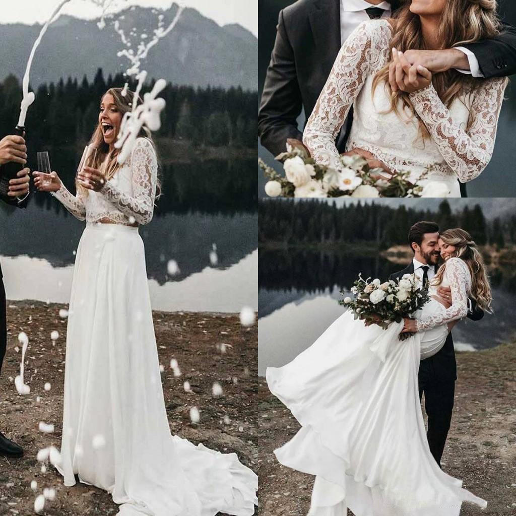 Vestidos de novia de manga larga con encaje, vestido de novia asequible de dos piezas con falda de gasa