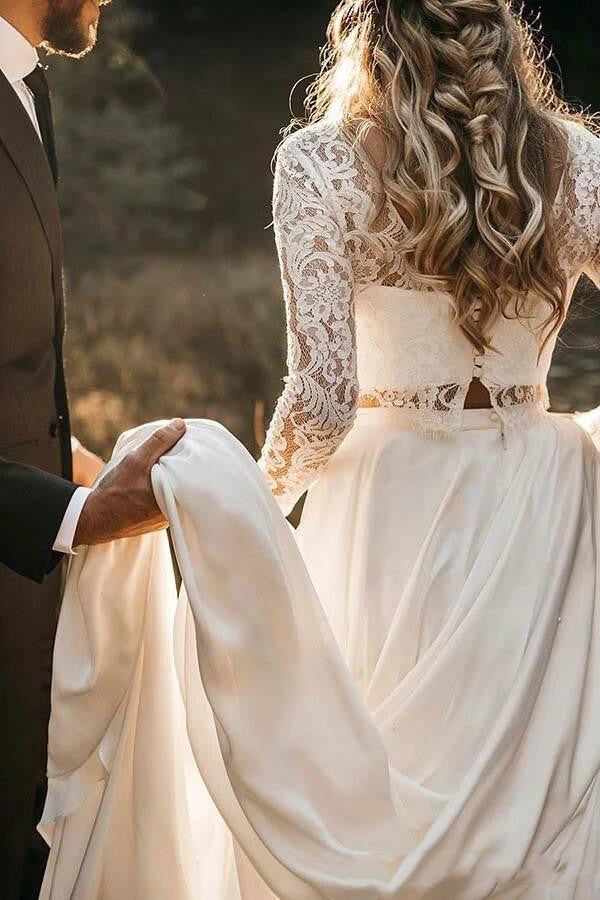 Vestidos de novia de manga larga con encaje, vestido de novia asequible de dos piezas con falda de gasa