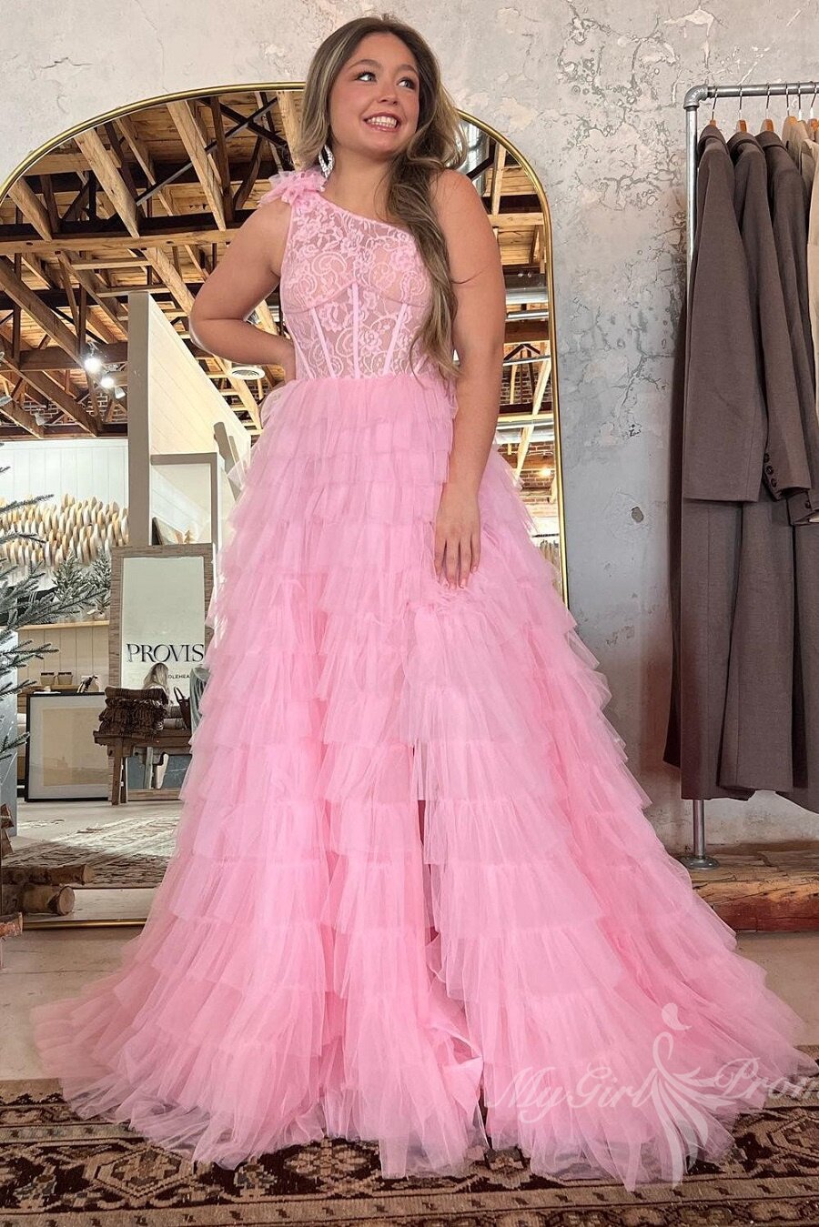 Charming One Shoulder Tulle Black Ruffles Lace Long Prom Dresses with Slit GP471
