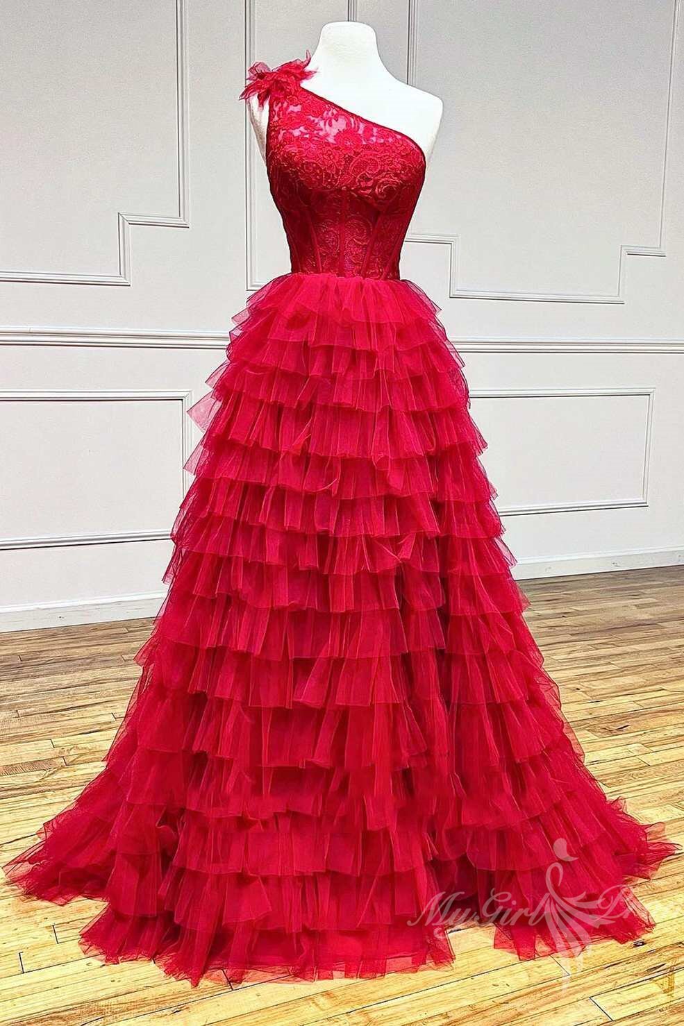 Charming One Shoulder Tulle Black Ruffles Lace Long Prom Dresses with Slit GP471
