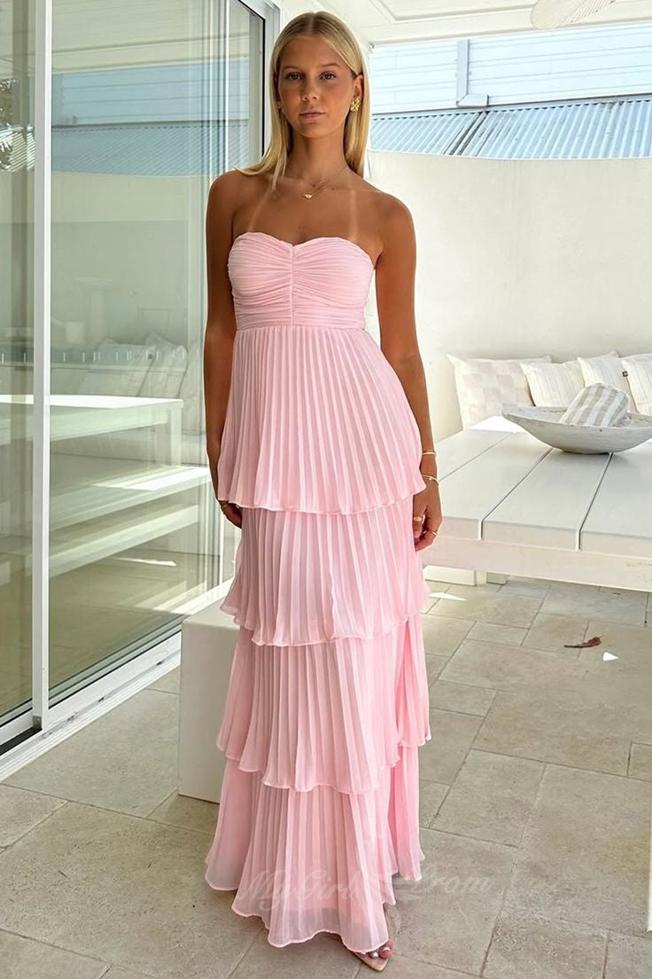 Chic Sweetheart Pink Chiffon A Line Long Prom Dress with Ruffles GP802