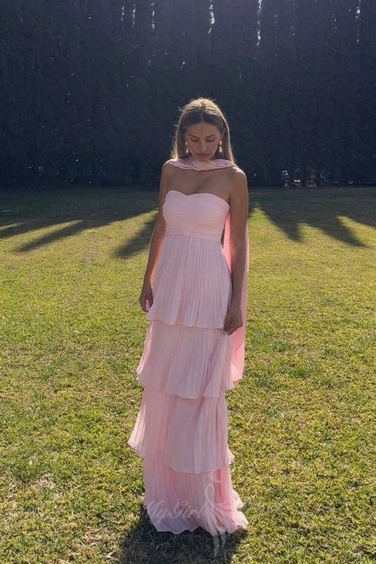 Chic Sweetheart Pink Chiffon A Line Long Prom Dress with Ruffles GP802