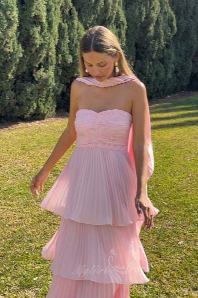 Chic Sweetheart Pink Chiffon A Line Long Prom Dress with Ruffles GP802