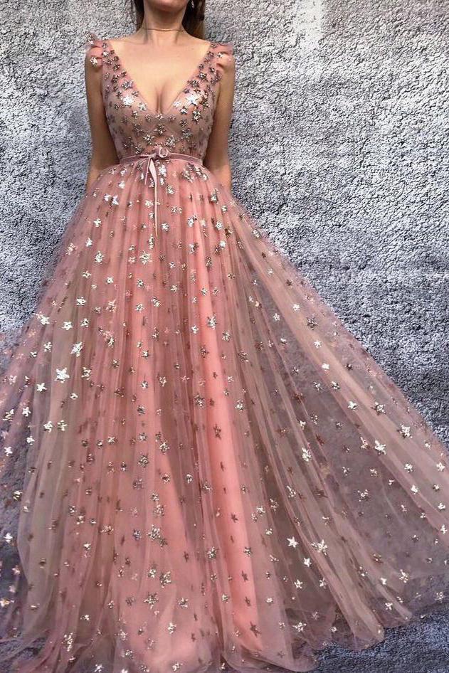 A-line Pink Long Prom Dresses Starry Night Formal Evening Dresses GP29