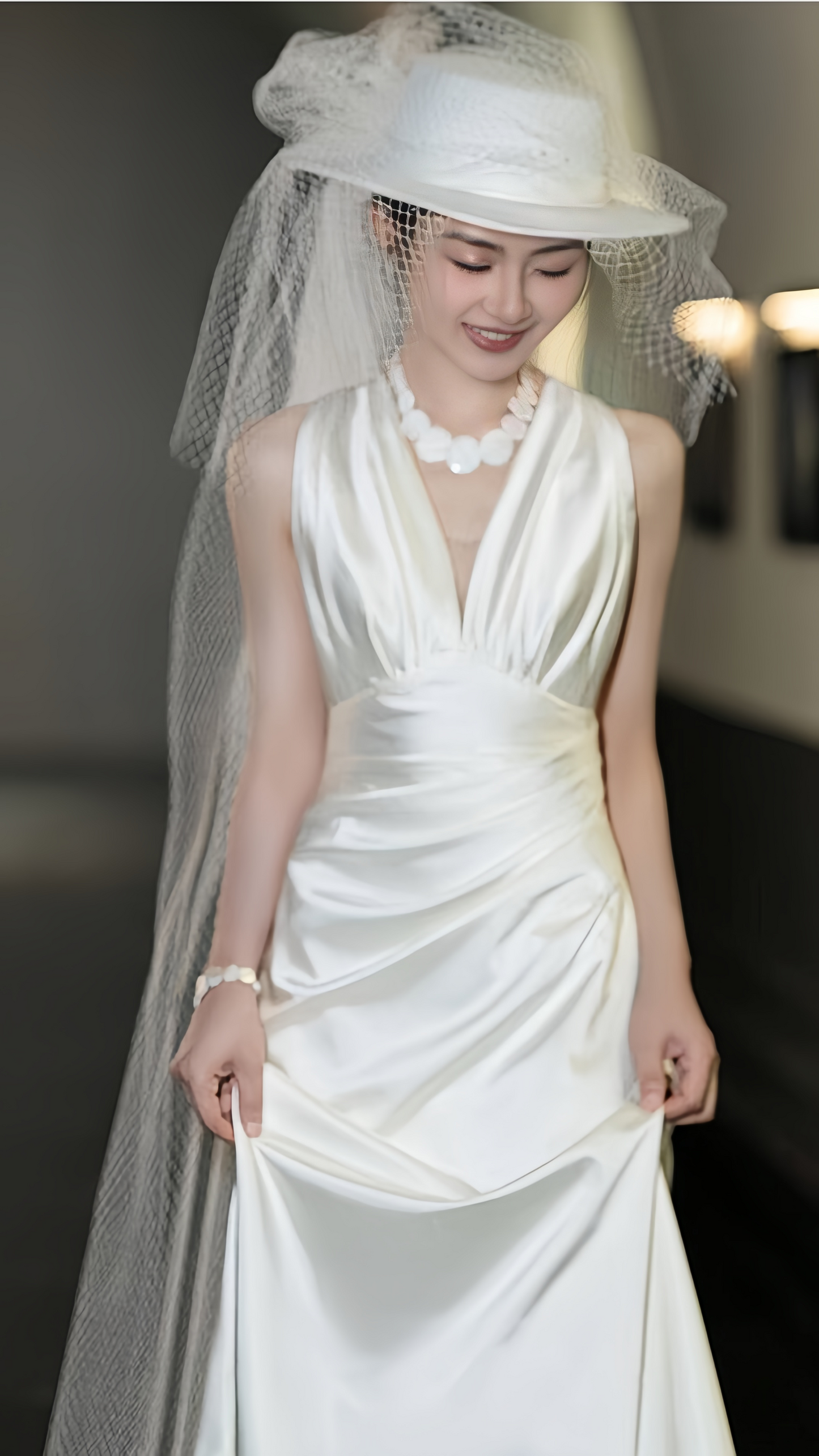 Classic Ivory Satin Wedding Dress, Modern V-neck Wedding Gown, AST1751