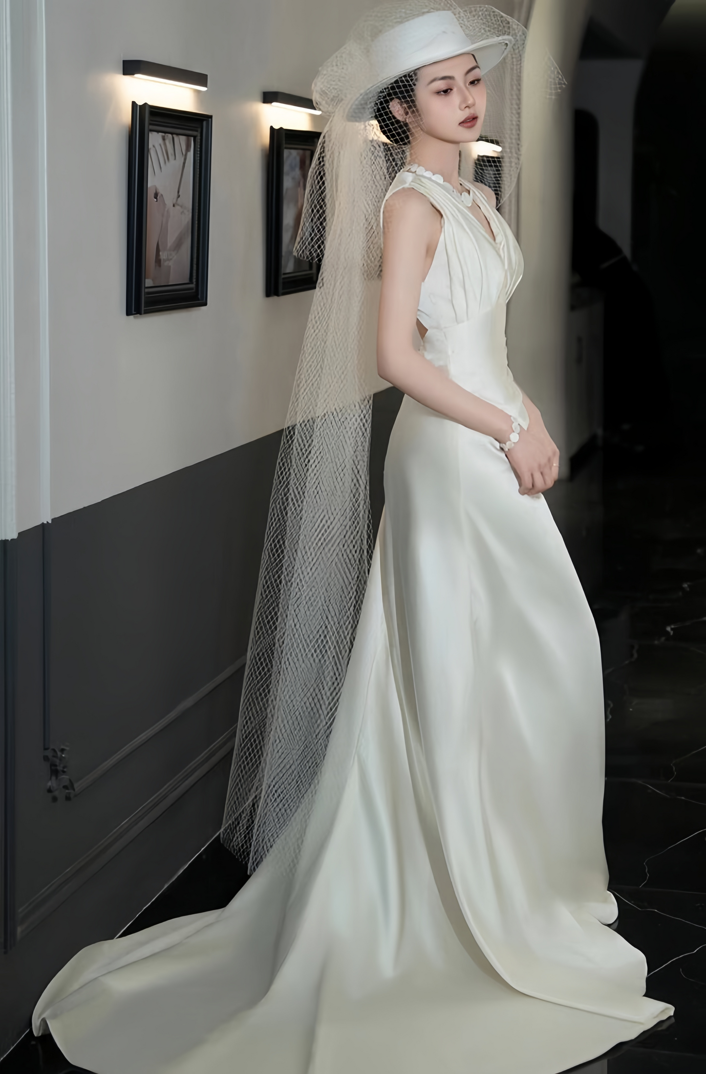 Classic Ivory Satin Wedding Dress, Modern V-neck Wedding Gown, AST1751