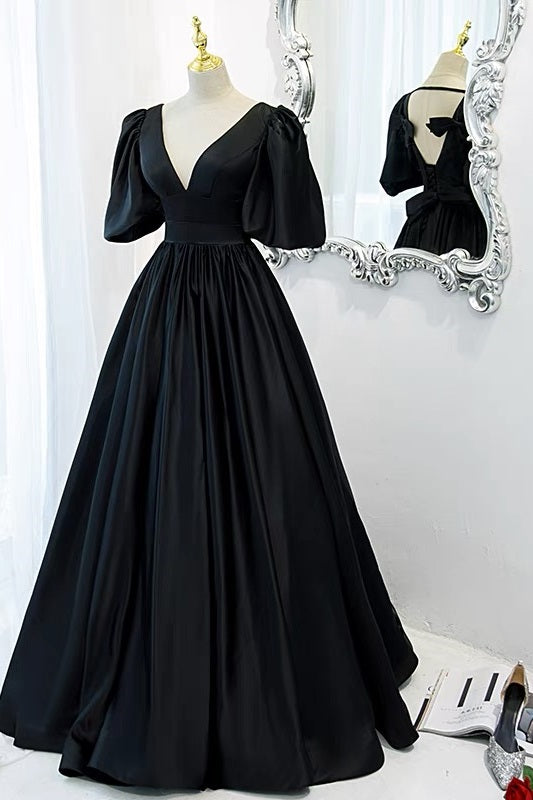 Elegante vestido de fiesta negro, vestidos formales con mangas abullonadas
