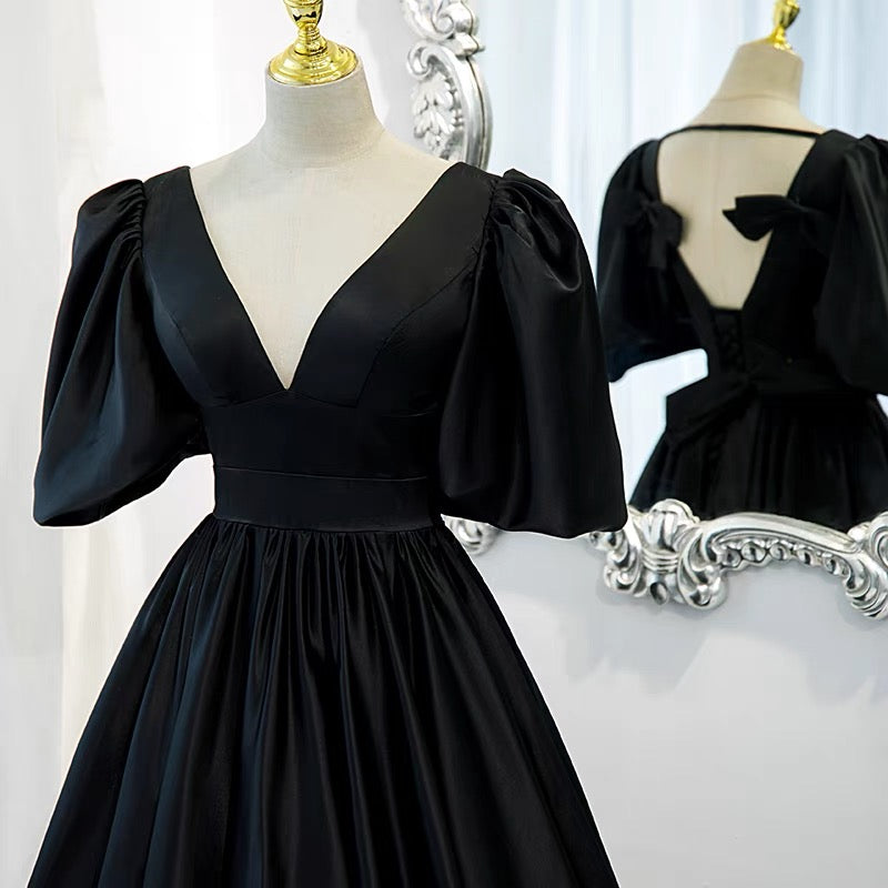 Elegante vestido de fiesta negro, vestidos formales con mangas abullonadas