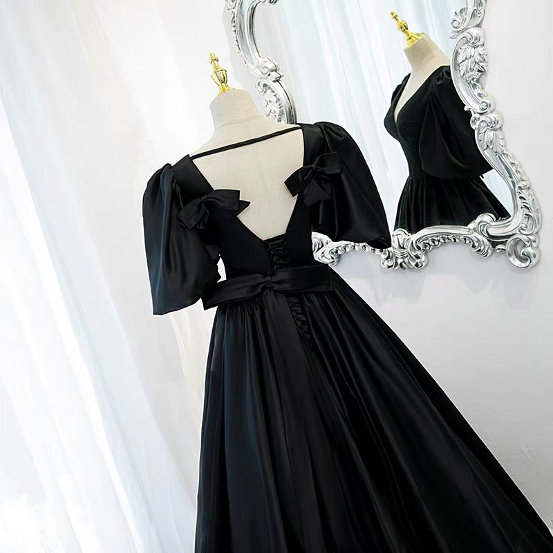 Elegante vestido de fiesta negro, vestidos formales con mangas abullonadas