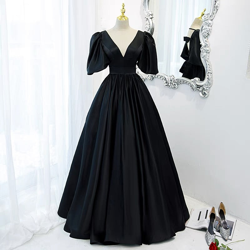 Elegante vestido de fiesta negro, vestidos formales con mangas abullonadas