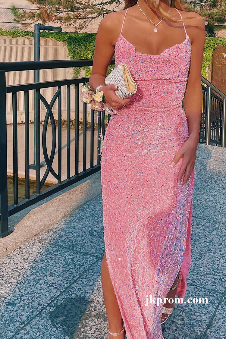 Elegante vestido de fiesta rosa con abertura lateral, vestido de fiesta largo de sirena con lentejuelas para boda