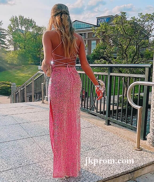 Elegante vestido de fiesta rosa con abertura lateral, vestido de fiesta largo de sirena con lentejuelas para boda